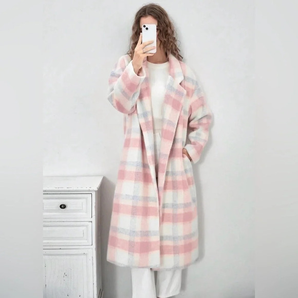 SHEIN Jackets & Blazers - ❤️SHEIN Plaid Print Drop Shoulder Open Front Overcoat Shacket size small Pink
